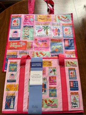 TJ Maxx Collapsible Pink Travel Themed Box Tote & Reusable Shopping Bag Set, New